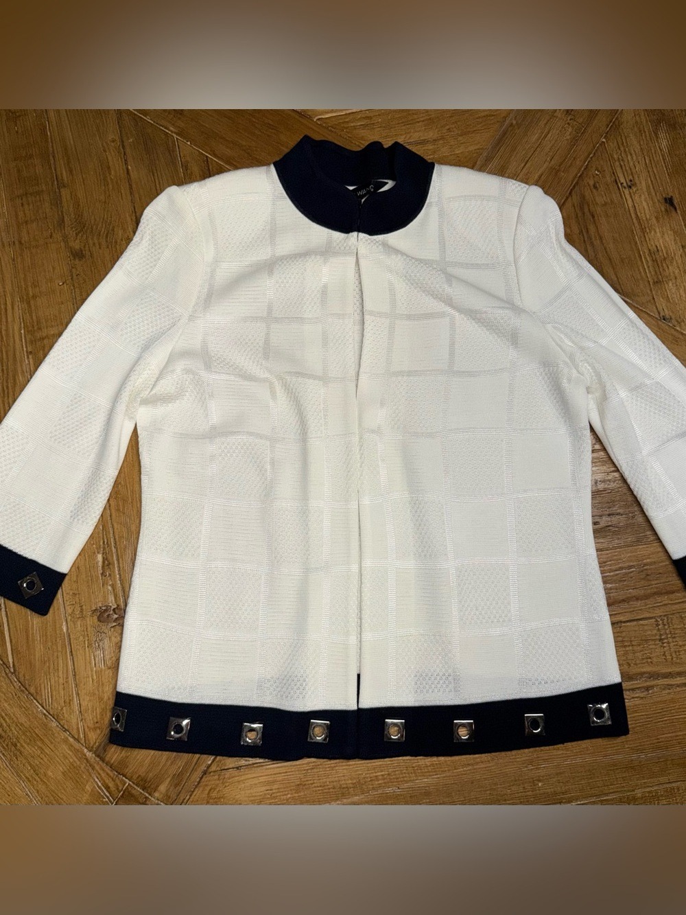 Ming Wang Grid Knit Jacket Cardigan White Navy Blue Eyelet Accents Size‎ Small